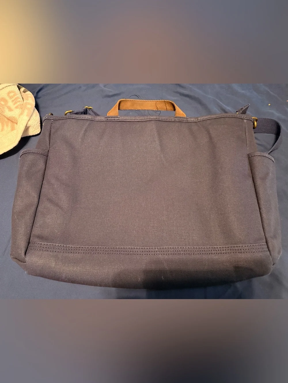 LL Bean Canvas Utility Tote Bag in Navy with Leather Trim